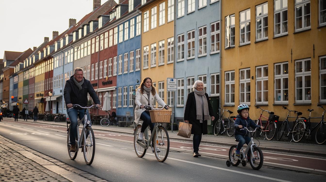 Cyclists and pedestrians on a colorful Copenhagen street