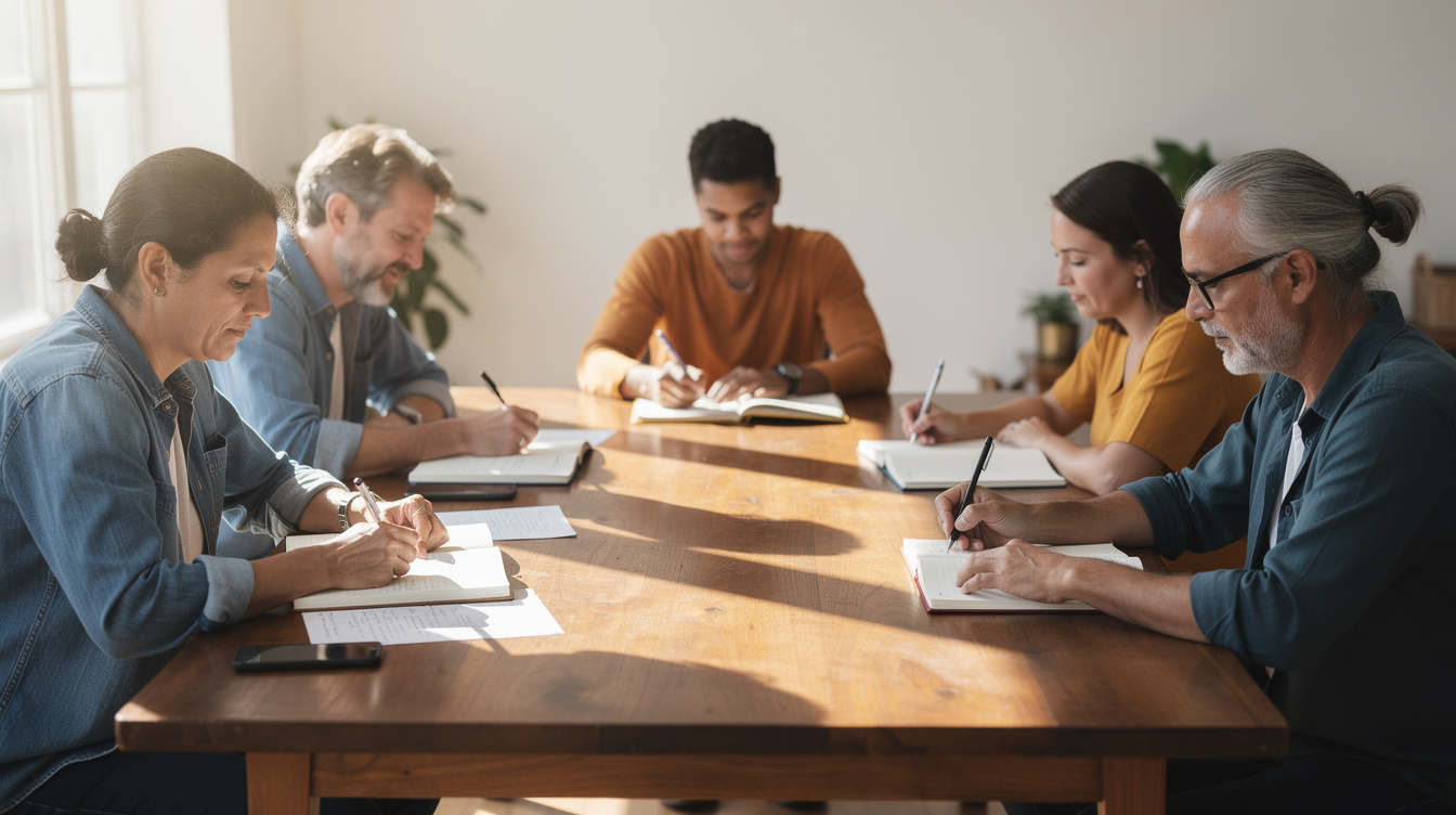 People writing at a table during a storytelling workshop