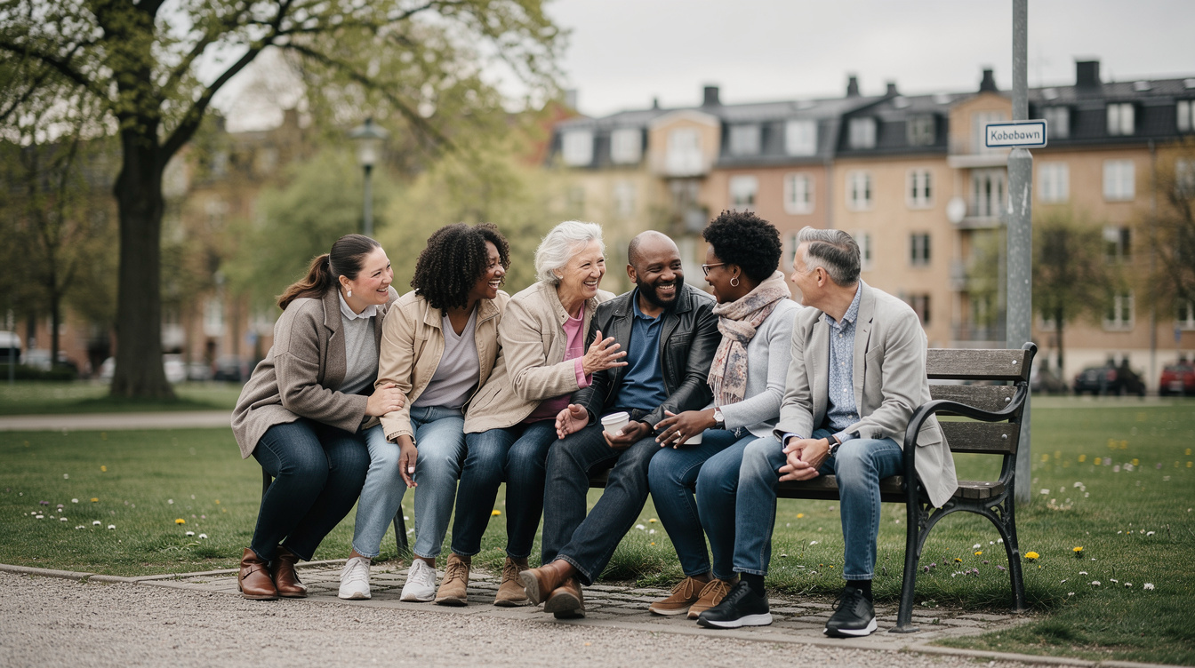 Diverse group of people talking in a Danish park